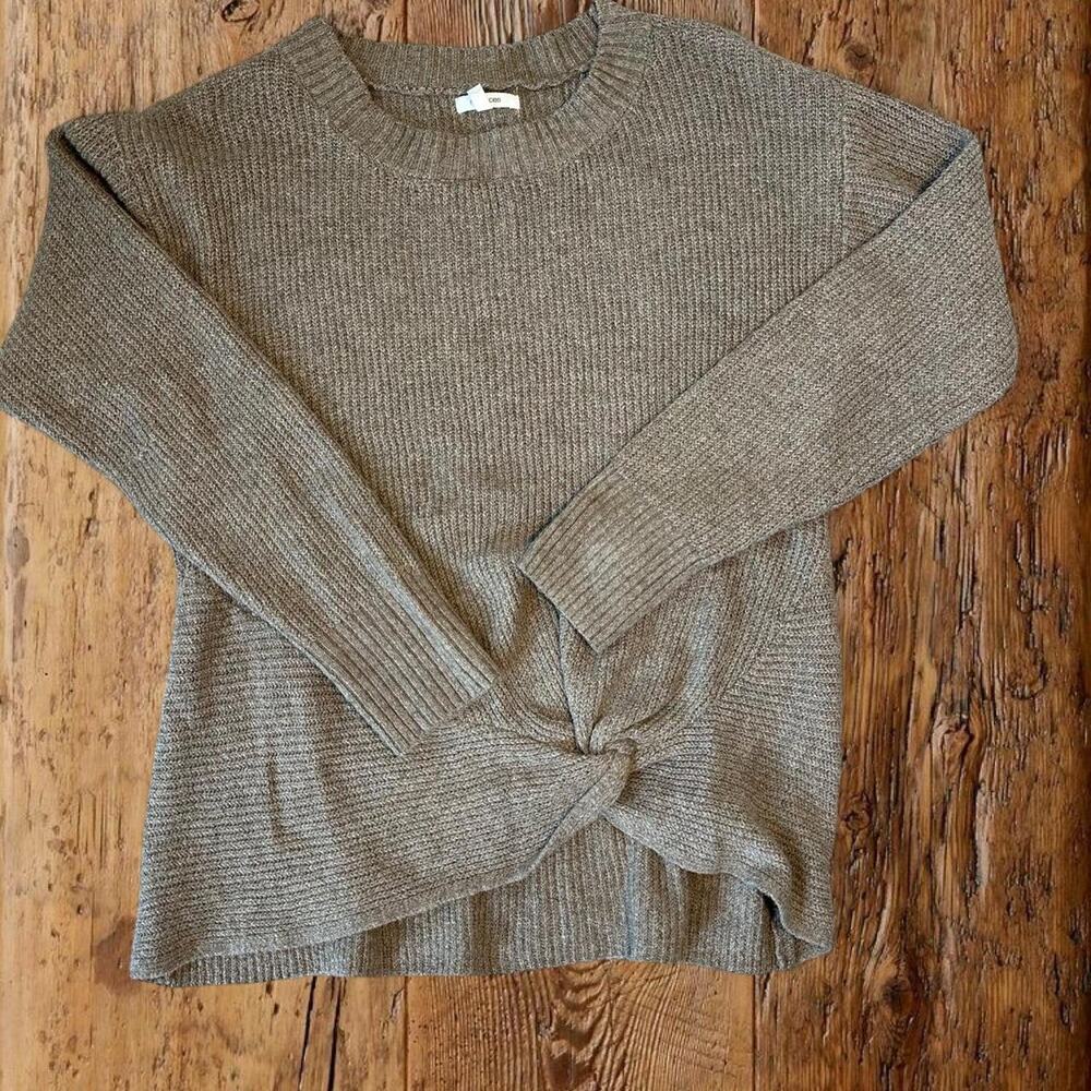 Tan knit sweater with tie detail